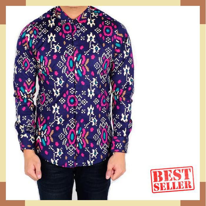 Promo Kemeja Batik Songket Pria Cowo Kerja Kantor Biru TuaDongker - Navy- M