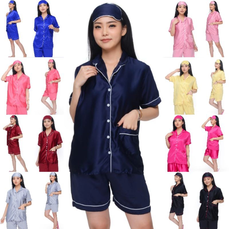 Baju Tidur Satin Polos Celana Pendek Baju Tidur Dewasa Pakaian Wanita Piama Setelan Premium