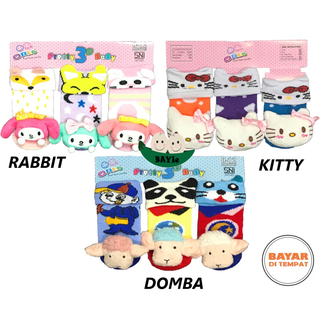 BAYIe - 3 SET Kaos Kaki Bayi Karakter 3D Laki-laki/Perempuan Cowok/Cewek motif RANDOM  0-12 bulan