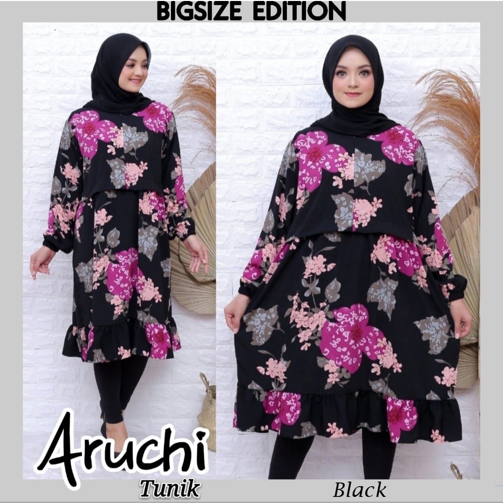 Aruchi /Atasan Hijab Tunik Muslim Wanita Motif Bunga Gamis Busui Friendly Bahan Woolpech Size L