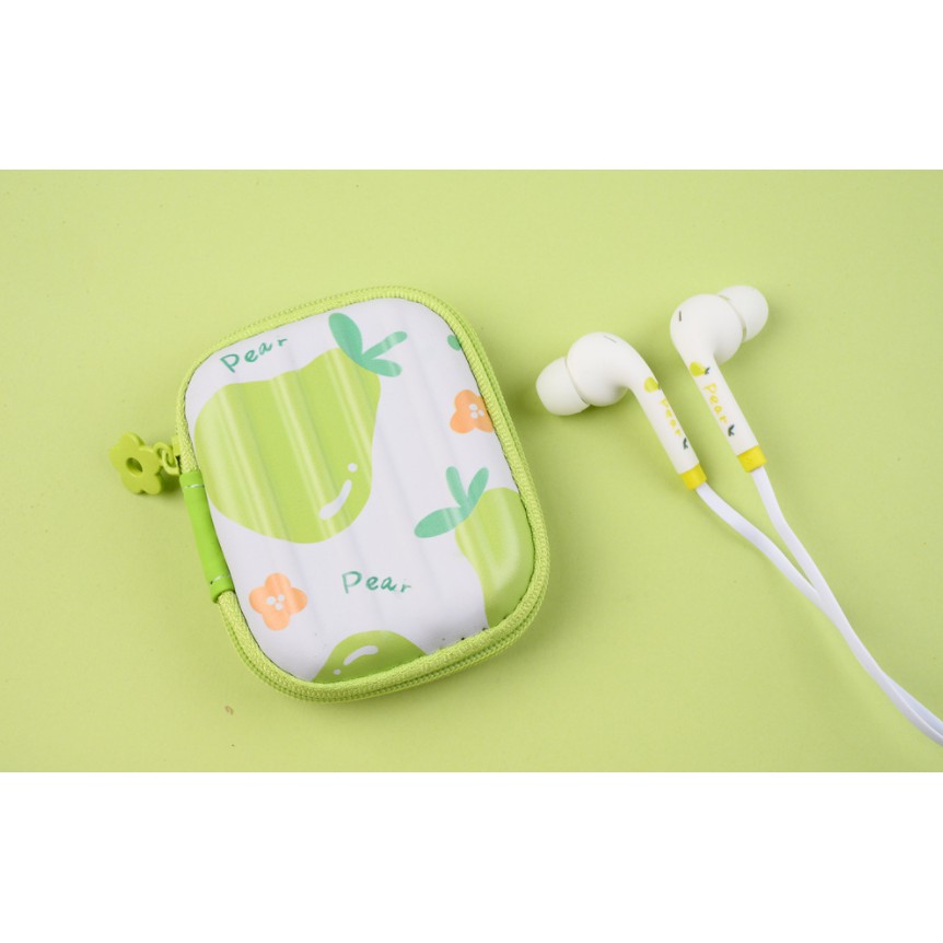 [ED-1018] Headset Earphone KOPER Motif BUAH-BUAHAN + Wadah Earphone Buah-Buahan Cantik Simple Elegan