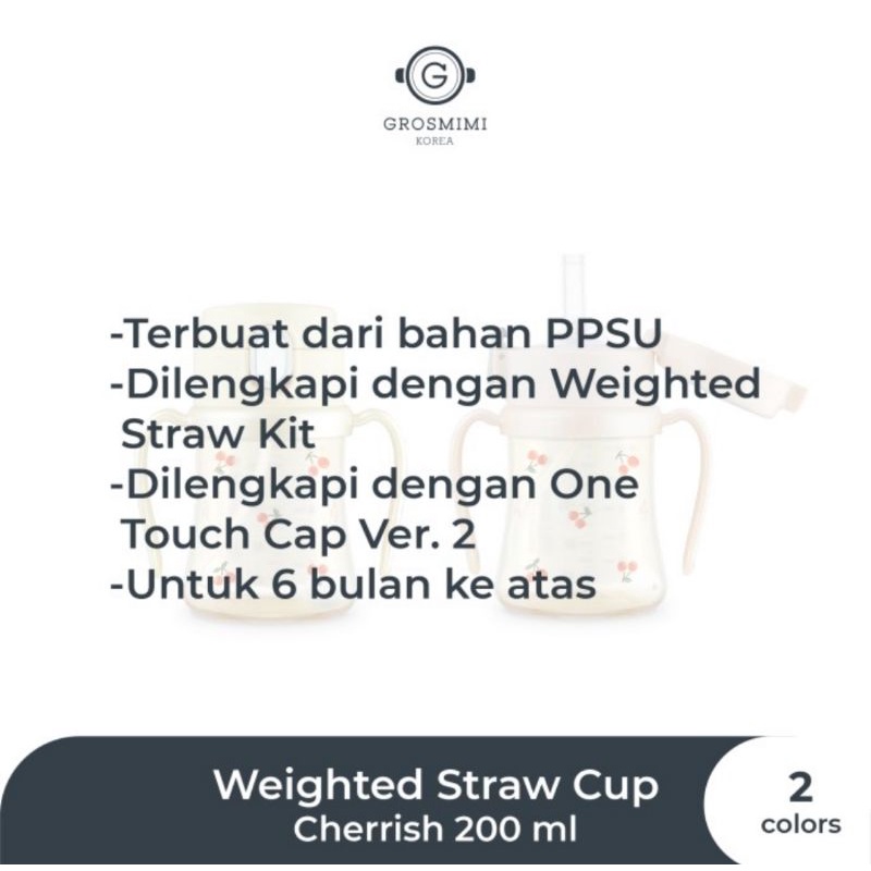 Grosmimi PPSU Cherrish Weighted Straw Cup 200 ml- Botol Minum Bayi/Anak