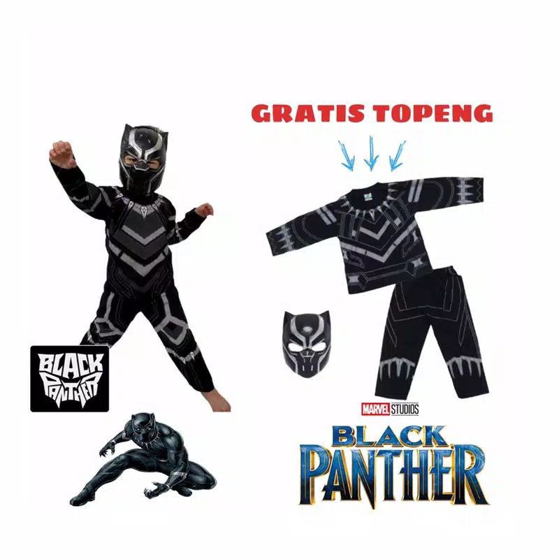 Kostum baju anak Black panther gratis topeng