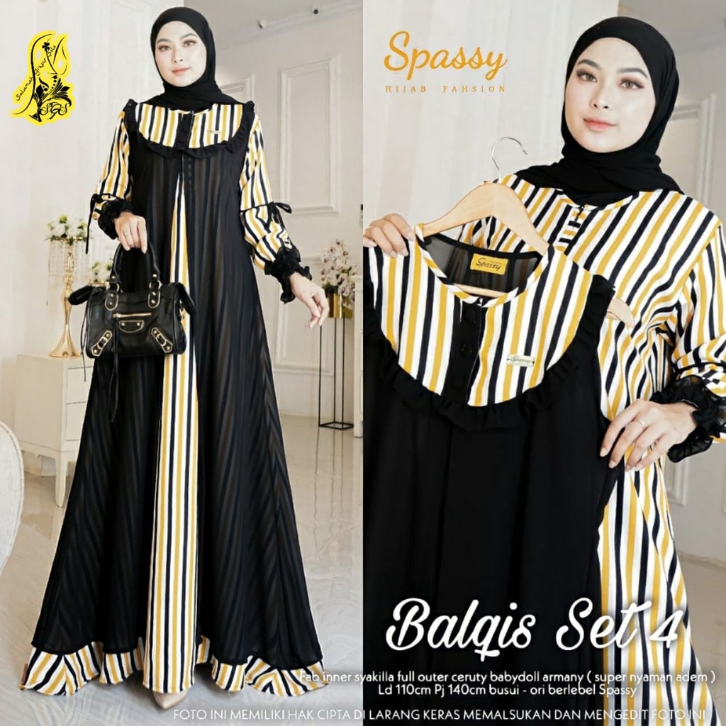 gamis mewah 2022 terbaru Balqis set bahan shakila premium mix outer babydoll original spassy di sala