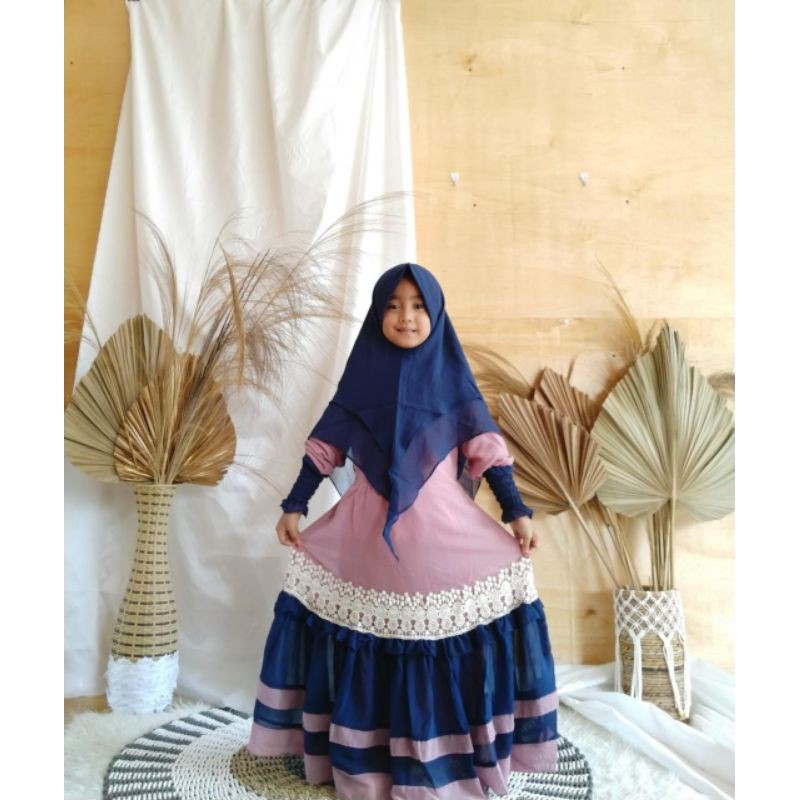 SET GAMIS SYARI BAJU MUSLIM COUPLE ANAK PEREMPUAN KIDS LEBARAN RENDA KHIMAR CERUTY PET ANTEM