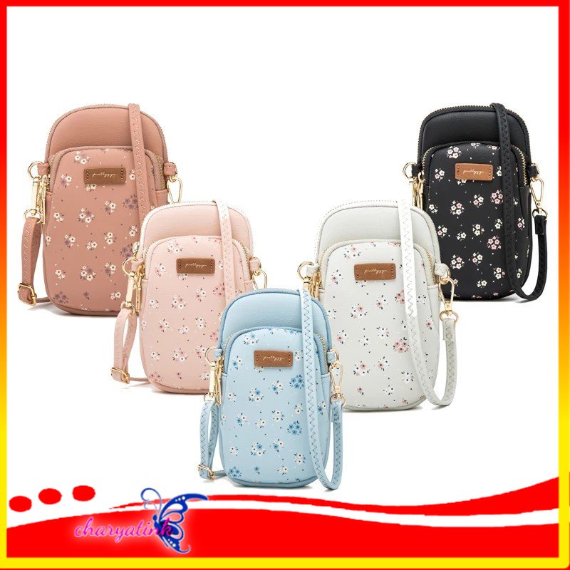 Charyatink - Tas Slempang Mini pocket HP motif bunga dompet tempat HP wanita lucu