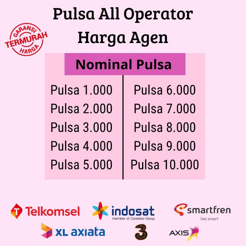 PULSA REGULER ALL OPERATOR TELKOMSEL/INDOSAT/XL/TRI 1K 2K 3K 4K 5K 6K 7K 8K 9K 10K MURAH LANGSUNG DI