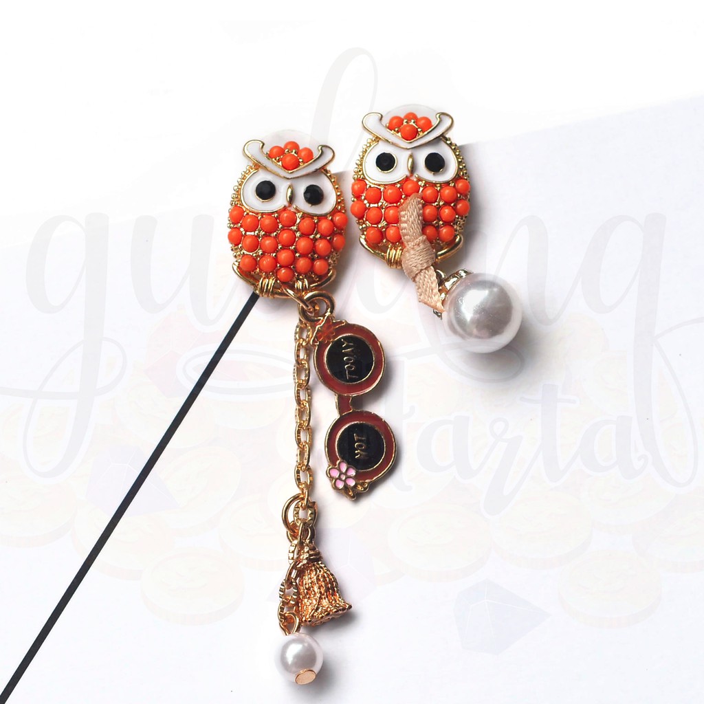 Anting Stud Korea Orange Owl with Glasses and Pearl GH 203549