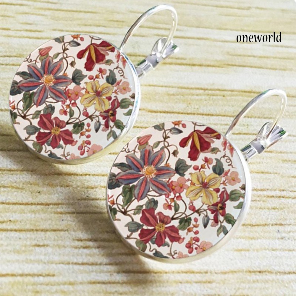 OW@ Vintage Flower Printed Round Pendant Women Leverback Earrings Party Jewelry