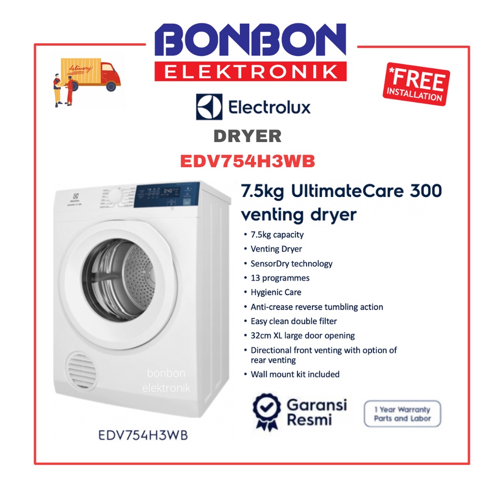 Electrolux Dryer 7.5KG EDV754H3WB / Pengering Pakaian 7.5 KG EDV 754H3WB UltimateCare