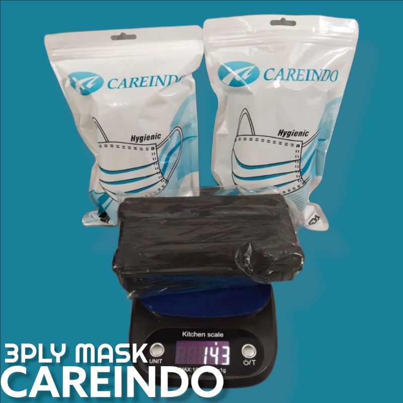 READY MASKER EARLOOP 3 PLY FULL BLACK HITAM MERK CAREINDO CARE INDO ISI 50 LBR 3 PLY