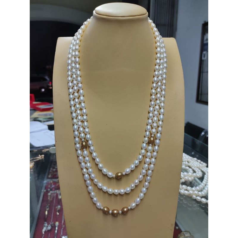 Kalung mutiara asli|kalung panjang mutiara lombok|kalung hijab susun 3 |MUTIARA SUPER |LIMITED