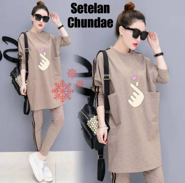 XC - Stelan CHUN DAE. / Stelan Wanita Motif Jari Hati / Stelan Casual Wanita / Ngetrend