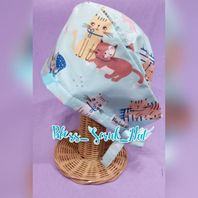 Topi Bedah / Nurse Cap/ Sugical cap/ Topi Motif/kucing biru/ kucing