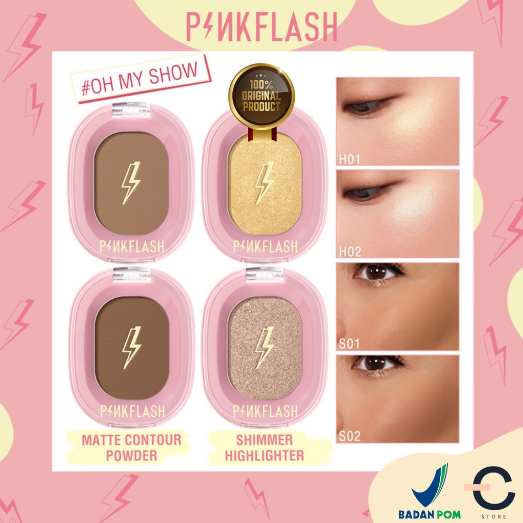 [ORI BPOM] PINKFLASH OhMyShow Highlighter Contour Shimmer Soft Smooth Naturally Pigmented - 4 Colors | PINKFLASH Soft Pigment Face Contour Highlighter Shimmer | PINK FLASH Contour | PF-F02