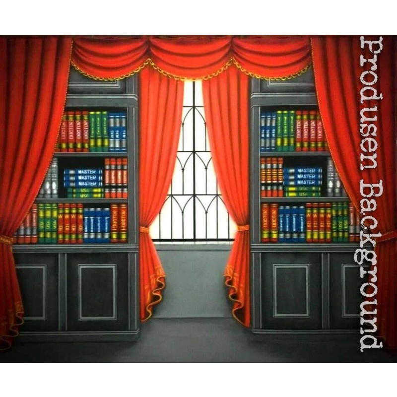 READY Kain Background Wisuda 3x2,5m Rak Buku Tirai Merah Backdrop Studio Photo