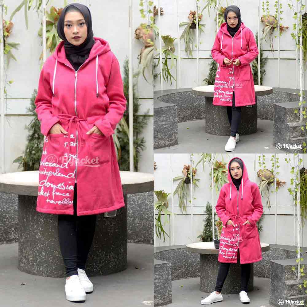 Jaket Jacket Hoodie Panjang Wanita Cewek Muslimah Hijabers Kekinian Terbaru Fleece Hijacket UB-Pink