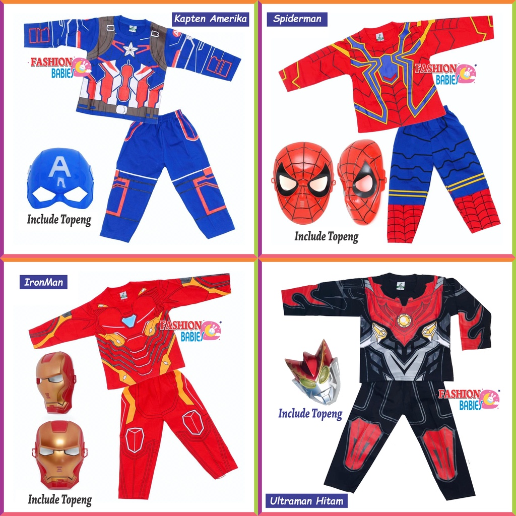 ❤ Baby Fashion ❤ KOSTUM SUPERHERO TOPENG / SETELAN PANJANG / SPIDERMAN / IRONMAN / BATMAN 2 - 4TAHUN