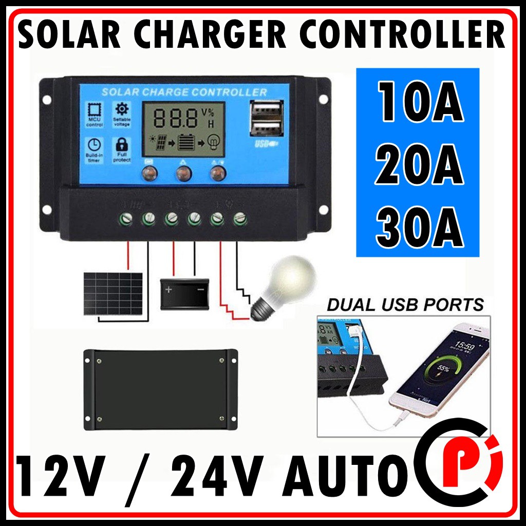 Solar Panel Charger Controller Untuk Panel Surya Solar Cell 30A 20A 10A 12V 24V With Dual USB Port Charge