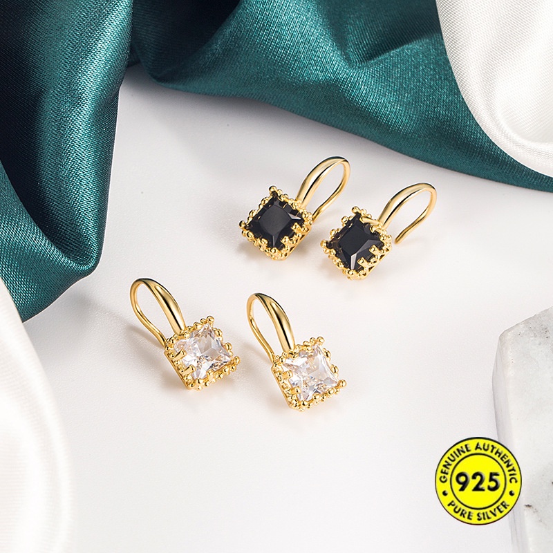 Anting Sterling Silver Bentuk Persegi Aksen Zircon Gaya Retro Perancis