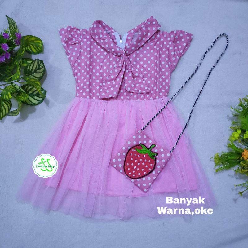 Dress anak cewek 1 2 tahun baju anak perempuan bonus tas kecil ( dress polka TAS )