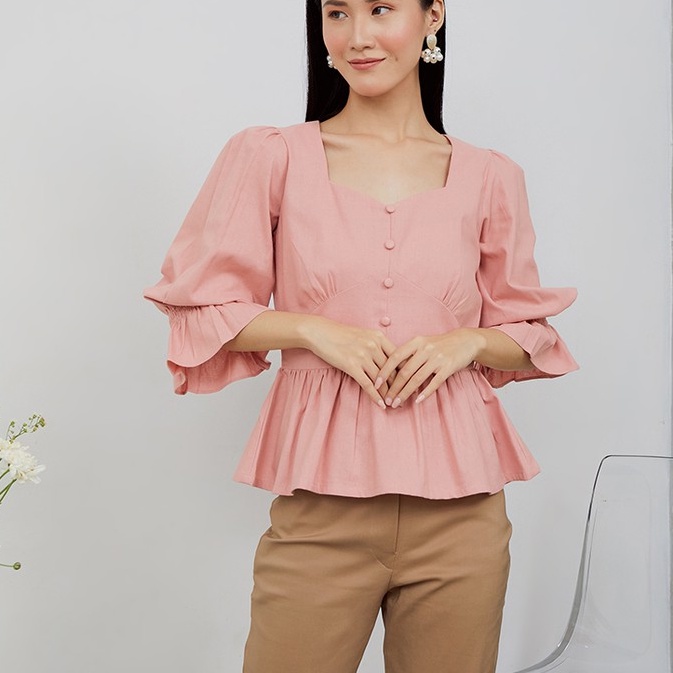 STYLE BUTIK Camellia Puff Sleeves Linen Vintage Blouse