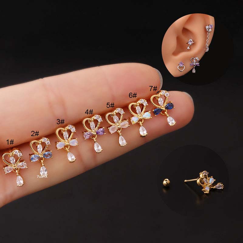 1 Pc Anting Stud Tindik Tulang Rawan Bentuk Hati Pita Helix Pinna 20Gauge Bahan Stainless Steel Dengan Zircon