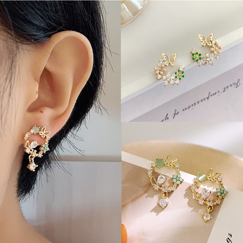 Butterfly Anting Stud Zircon Bentuk Bunga Daun Kupu-Kupu Untuk Wanita