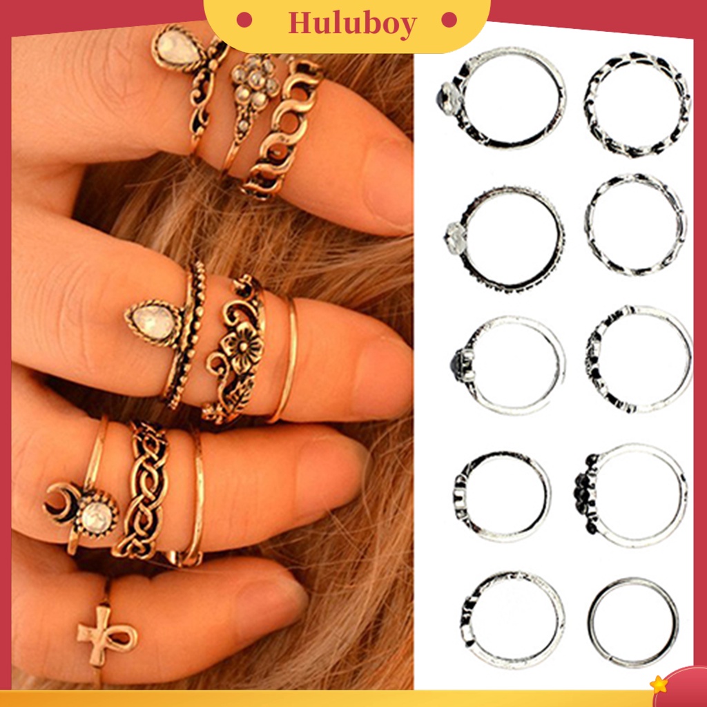 Hu Hu Hu Hu Hu Alat Bantu Pasang Kacamata♡ 10pcs / Set Cincin Knuckle Vintage Desain Bunga Hollow Anti Karat Untuk Wanita