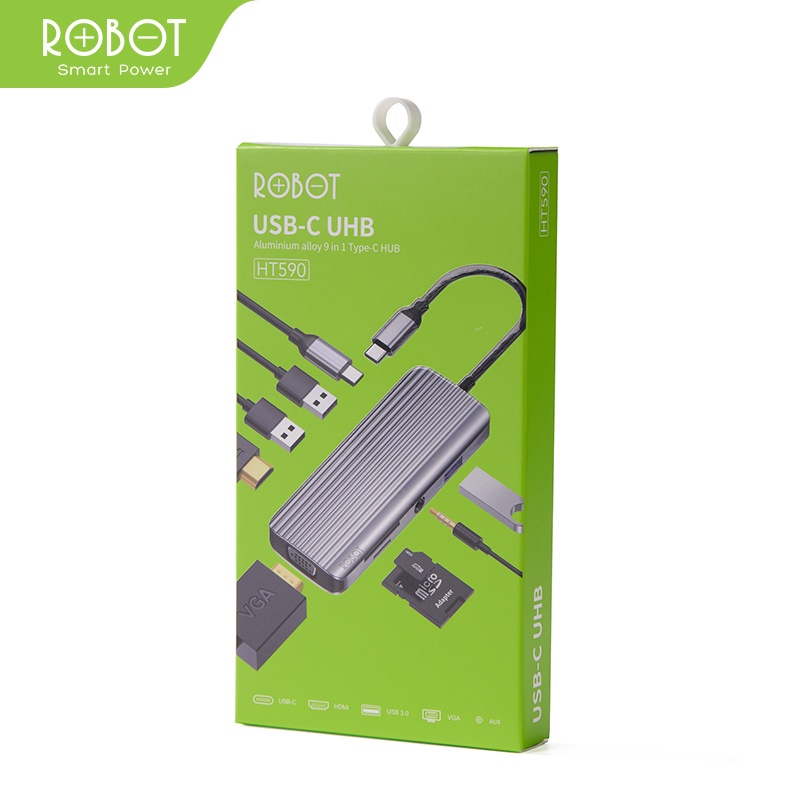 ROBOT HT590 Multiport 9in1 USB Type C HUB Adapter Lightweight &amp; Portable Space Grey Aluminium Alloy PORT USB 2.0 USB 2.0 3.5 mm Audio SD/TF PD HDMI VGA Transmisi Ganda Original - Garansi