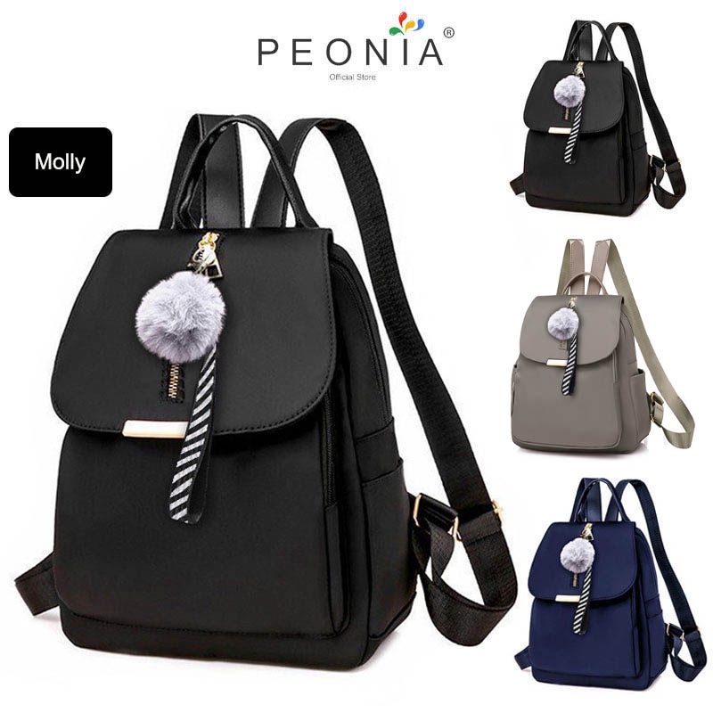 Peonia PNA MOLLY POM Water Resistant Ransel Korea Tas Wanita Punggung Import Kantor Kerja Sekolah Kuliah Outdoor Trendy Fashion Style Travel Casual Backpack Anak Remaja Perempuan Selempang Cewek Bag