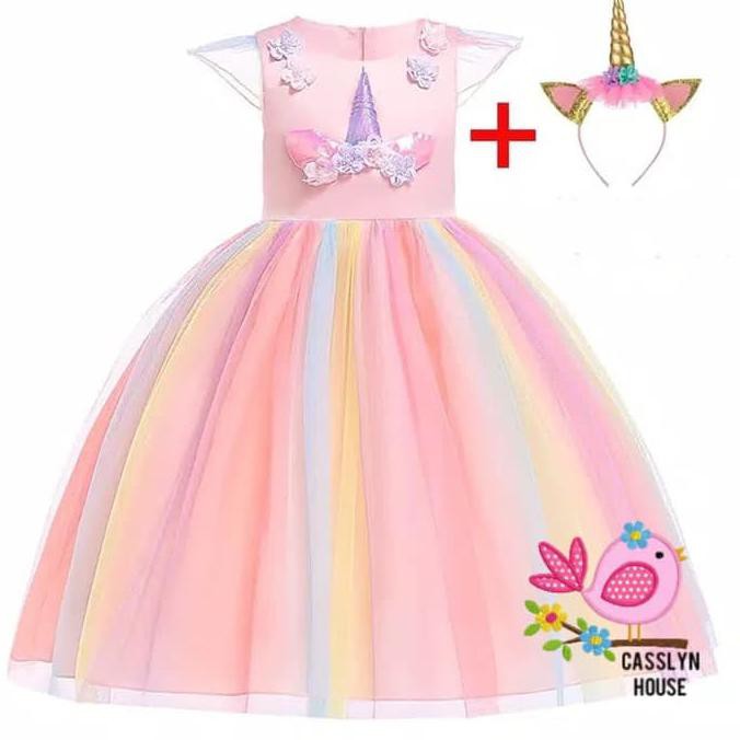 DRESS PESTA ANAK TUTU KONDANGAN ULANG TAHUN UNICORN IMPORT - 120, Kuning