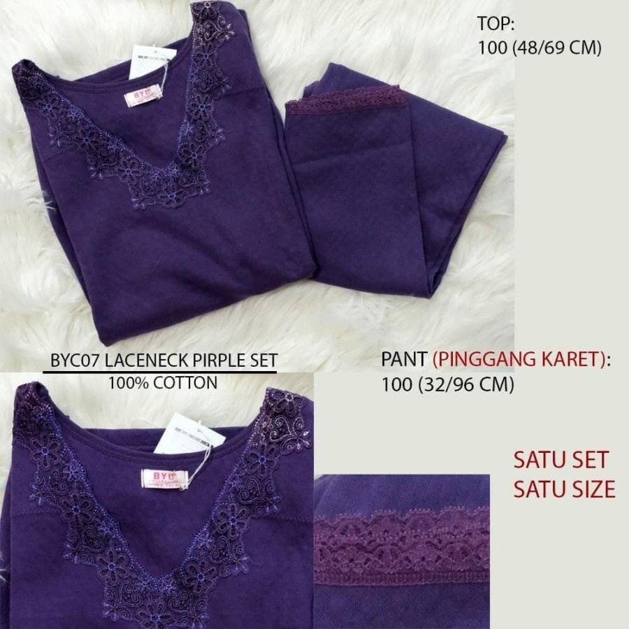 Set Piyama Wanita Murah Byc 07 Laceneck Purple Set