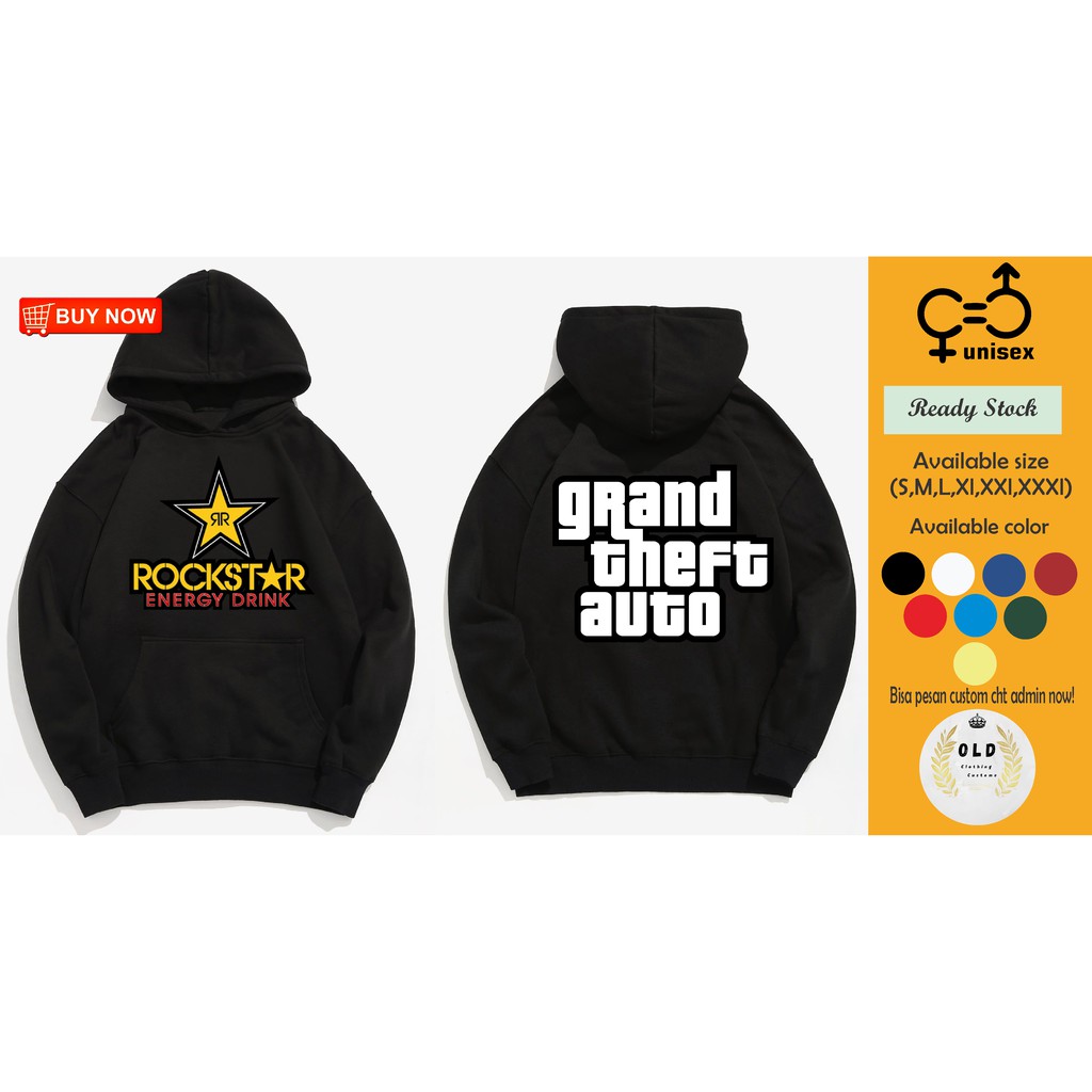 Rockstar Energy Drink Grand Theft Auoto Jaket Rockstar Hoodie Rockstar Energy Kaos Hoodie Pria