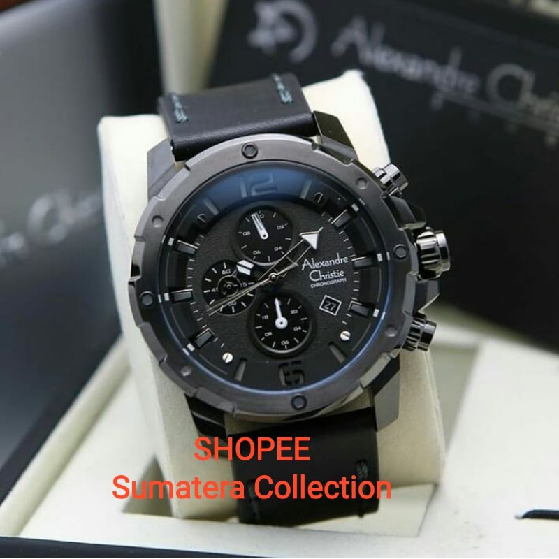 Jam Tangan Pria Original Alexandre Christie AC6410 / AC 6410 Leather Full Black