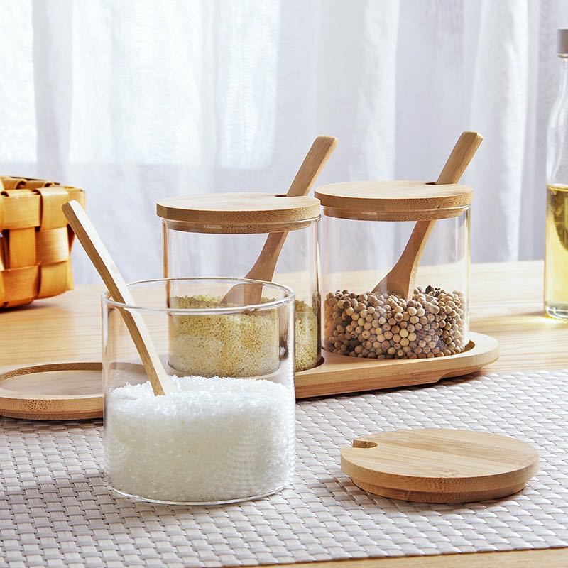 Toples Bumbu Kaca dengan Tutup Kayu dan Sendok Kayu Set 3 - Tempat Penyimpanan Bumbu Estetik untuk