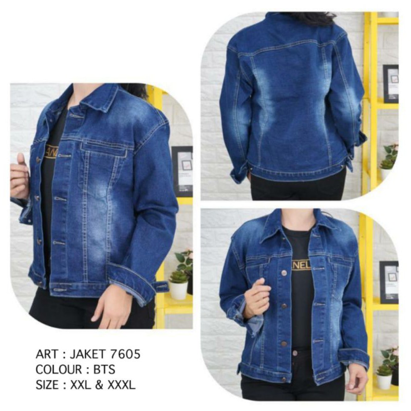 JAKET JEANS CEWEK BIRU TUA SCRUB BTS size Besar XXL dan XXXL