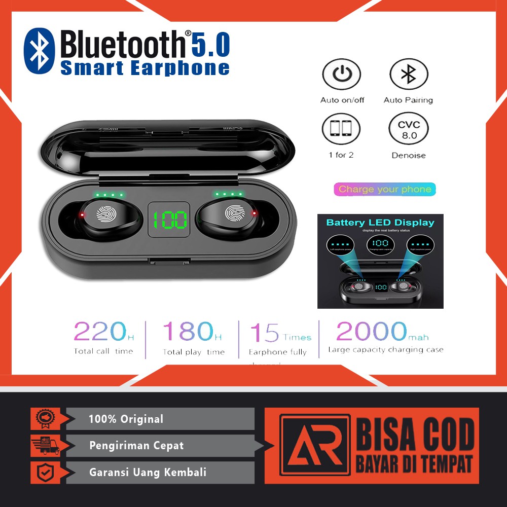 Headset Bluetooth 5.0 wireless Earphone Earbuds 8D Streo TWS F9 PowerBank touch control waterproof