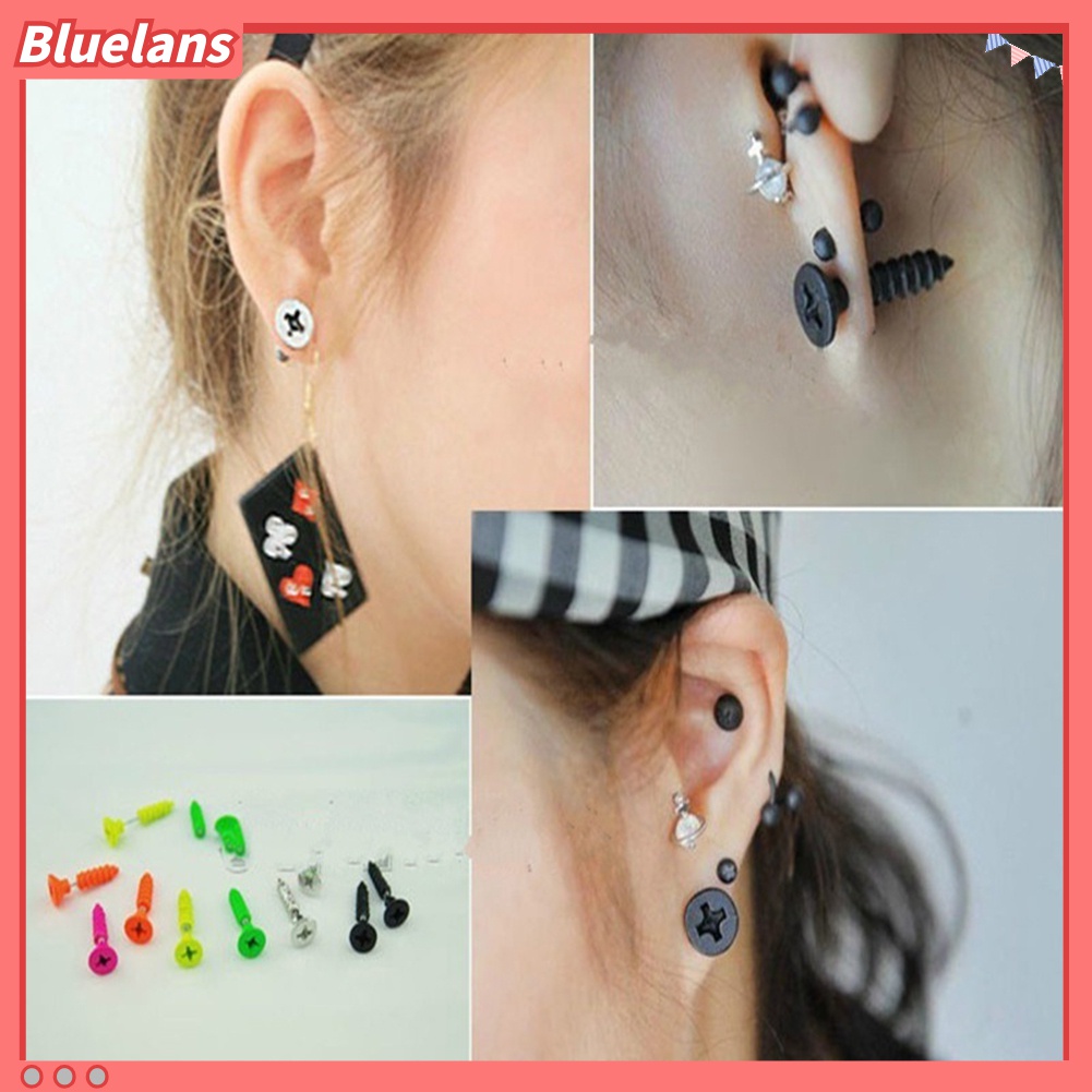 1 Pasang Anting Stud Bentuk Sekrup Bahan Stainless Steel Gaya Punk Gothic Untuk Unisex