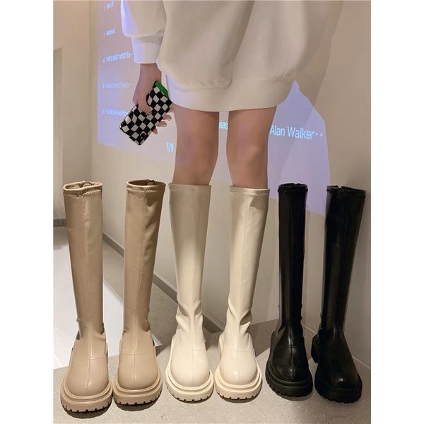 Leather High knee boots import wanita Yve sepatu overknee high knee boot cewek korea fashionable heels