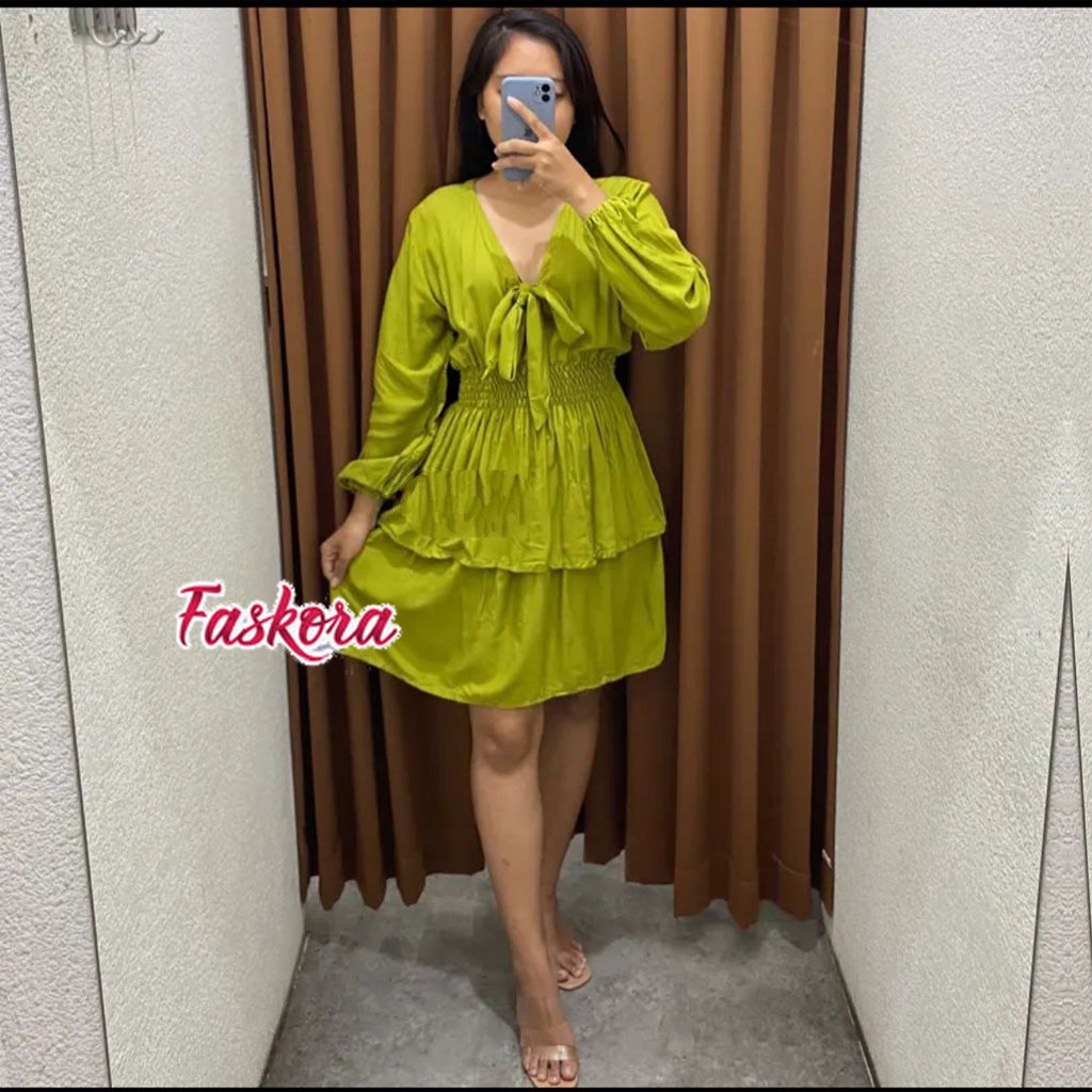 Rahel Midi Dress Jumbo Rok Susun Lengan Panjang Kerut Pinggang