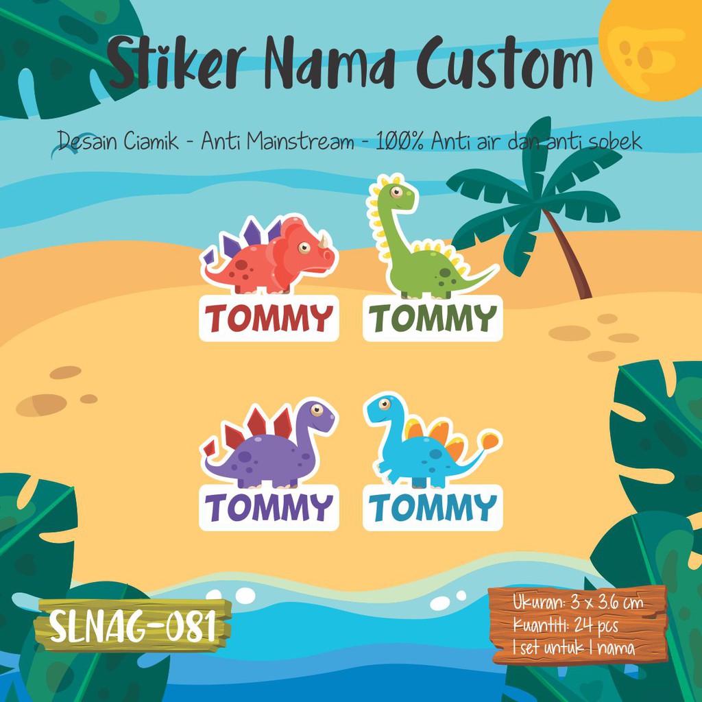 SLNAG 081 sticker nama  anak kartun  girl boy dino lucu  