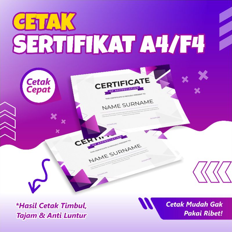 

Cetak Sertifikat/ Piagam Murah Ukuran A4/F4