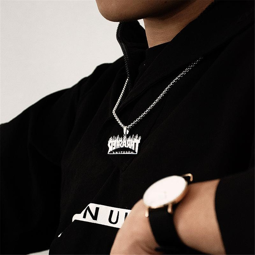 【COD Tangding】Kalung Rantai Dengan Liontin Api Thrasher Majalah Gaya Hip Hop Untuk Pria