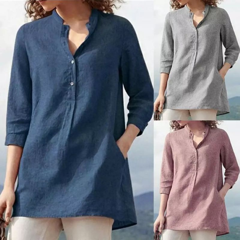 ZANZEA Atasan wanita import V neck lengan 3/4 blus jumbo S-5XL