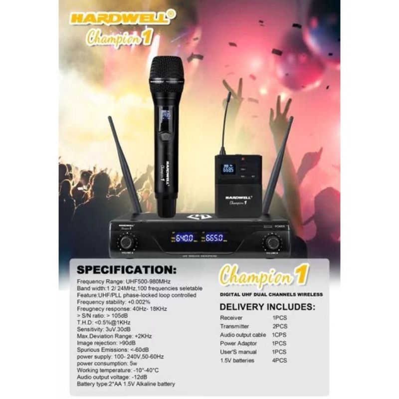 Microphone wireless Hardwell champion 1mic wireless UHF.vocal jernih cocok buat karaoke.pidato.imam all.