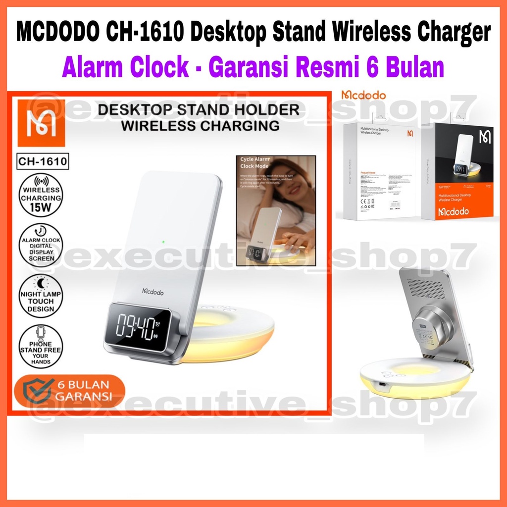 MCDODO CH-1610 Desktop Stand Wireless Charger Alarm Clock - Garansi Resmi 6 Bulan