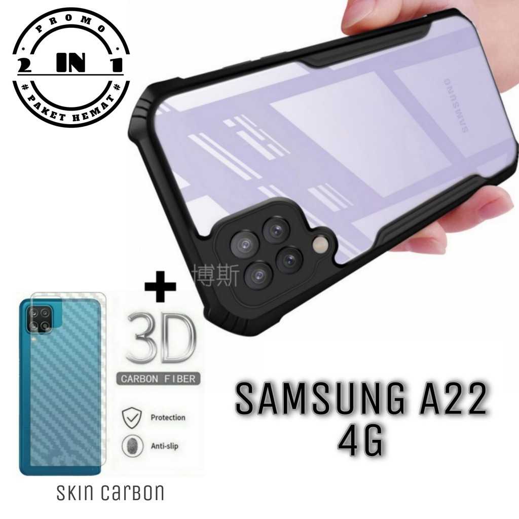Case Samsung Galaxy A22 4G Paket 2in1 Hard Case Shockproof dan Garskin