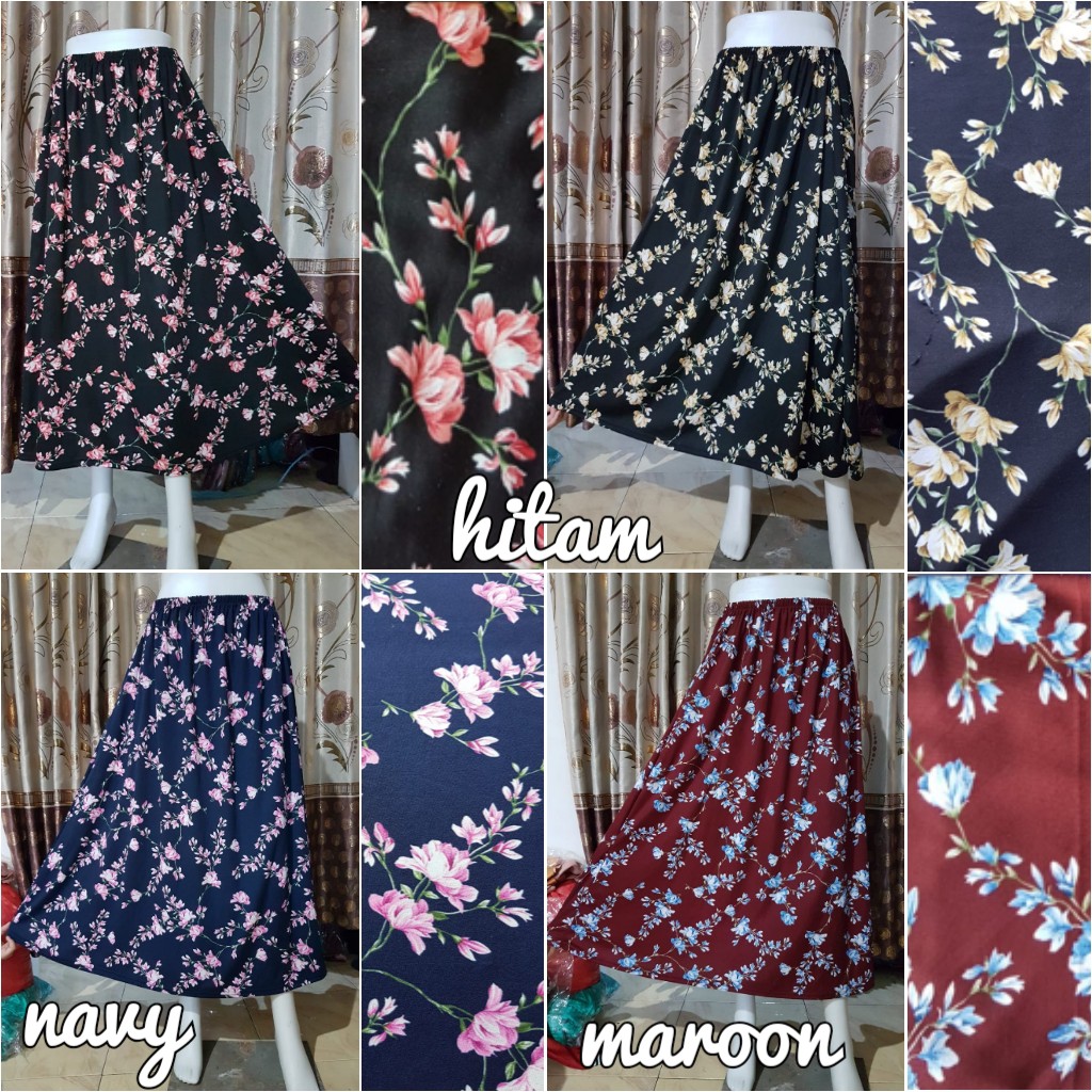 (1KG = 6pcs) ROK MUSLIM HYGET BUNGA MAYUNG - ROK MOTIF SIMPLE PANJANG MURAH maxi skirt jumbo wanita-Warna dasar NAVY
