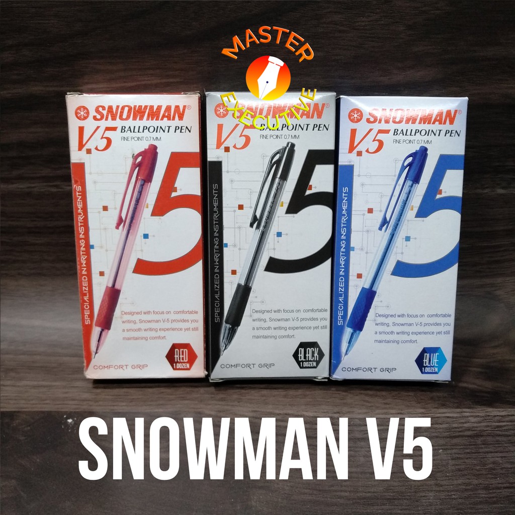 [Pak -12 Buah] Snowman V5 Ballpoint 0.7 mm / Bolpen Cetak Cetek Cetekan - Hitam / Merah / Biru